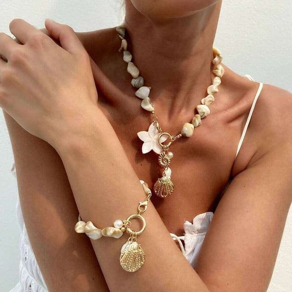 Ingemark Bohemia Metal Scallop Conch Plastics Flower Pendant Choker Necklace Chain Bracelets Women Summer Beach Y2K Jewelry Set