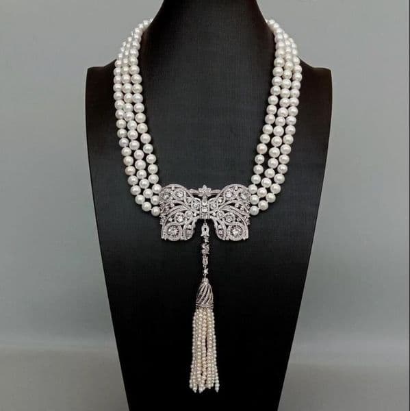 Jewelry pearl necklace 3 Strands White 8-9MM Pearl Necklace Bowknot Shape Cubic Zirconia Pave Tassel Pendant