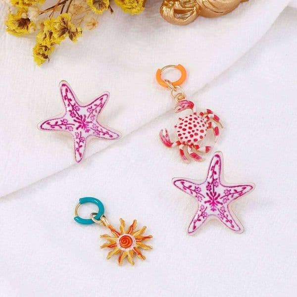 4Pcs Trendy Pink Crab Starfish Dangle For Women Enamel Metal Sea Animal Sunflower Drop Earrings Beach Vacation Jewelry