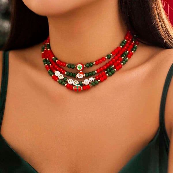 4Pcs Creative Red Crystal Polymer Clay Chain Necklace for Women Delicate Santa Claus Choker Sweater Christmas Neck Jewelry Party