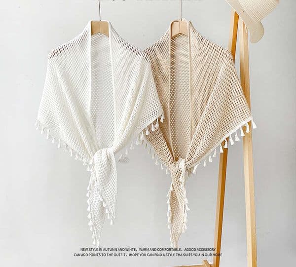 Bohemian Solid Color Tassel Tie Shawl Women's Cheongsam Triangle Scarf Outerwear Hollow Knitted Cape Layered Wear Chunjinqiuli