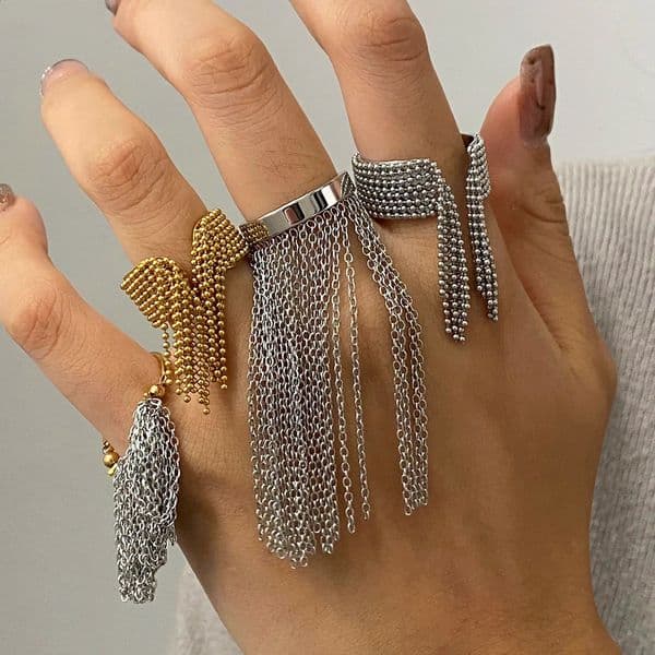 Fashion Statement Stainless Steel Long Tassel Chain Open Wide Ring Vintage Hip Hop Geometric Jewelry Trendy Party Gift for Women 260608