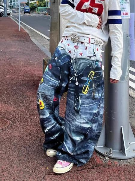 Y2K 3D Printing Double Waistband Jeans Men American Street Retro Baggy Straight Pants Plus Size Trend Mop Floor Pants 260605