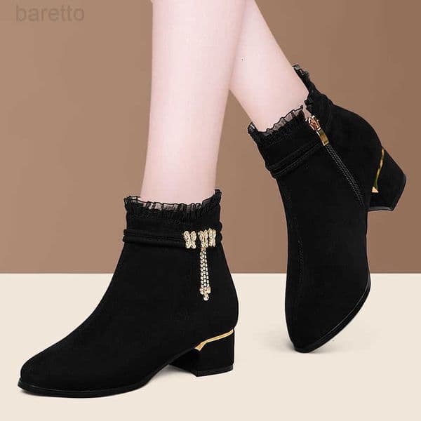 Boots Womens Bow Rhinestone Short Round Head Chunky Heel Shoes Side Zip Tassel Pendant Comfortable Non-slip Party High HeelsR260608