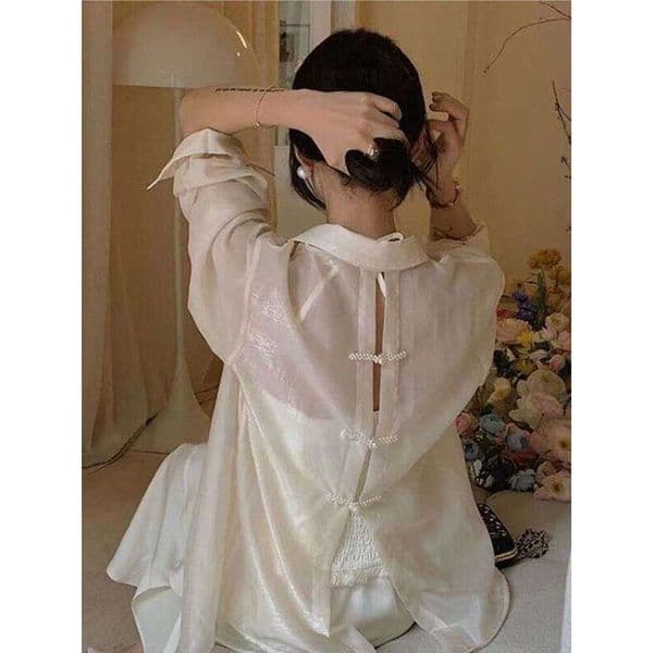 Lightweight Semi-Transparent Long-Sleeve Sun-Protective Cardigan With Back Slit And Tie, Blue Shirt For Women, Summer Fashion Casual Shirt Jacket D91