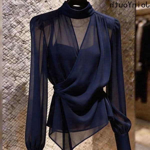 2026 Camisas De Mujer Summer Blouses for Womens Chic Slim Waist Gauze Sexy Tops V-neck Long Sve See Through Blouse Shirts L260608
