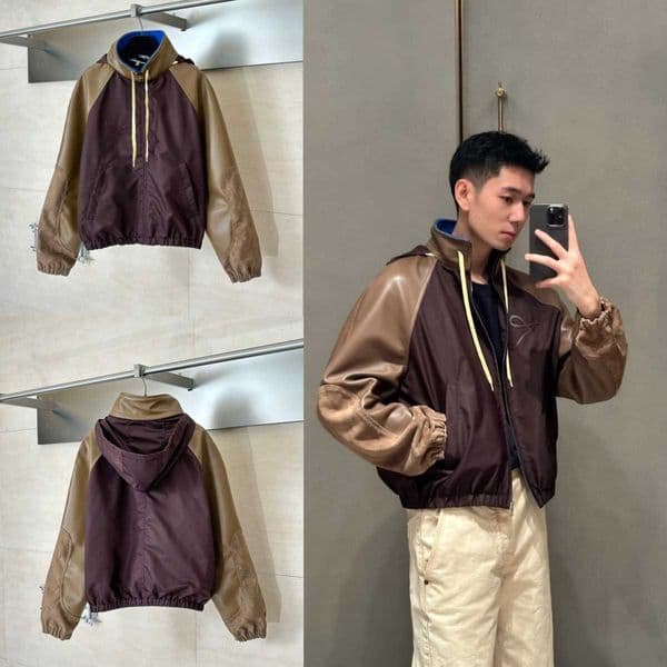 High quality designer clothing Correct version SS26 early spring new Luo brand leather patchwork hooded zip-up jacket unisex casual versatile coat