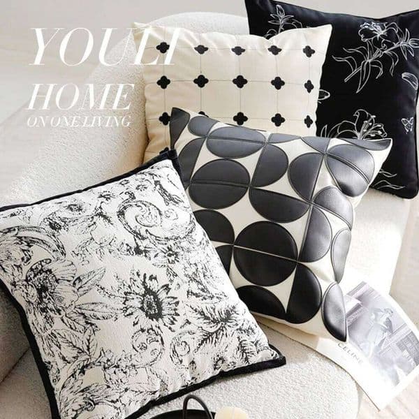 Luxury French Antique Embroidered Black White Cushion Cover - Sofa Bed Living Room Pillow Case, High-End Removable Home Decor 26L0608 Pillow case