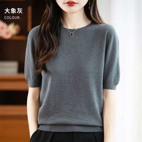 High-End Women's Thin Round-Neck Short-Sleeve Knit Sweater, Pullover Thin Sweater, Half-Sleeve T-Shirt Top, Women's Clothing 4Fc