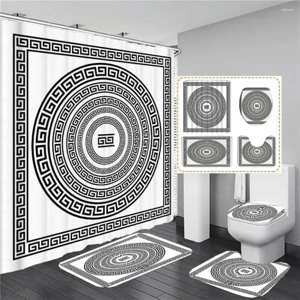 2026 Luxury Designer Decor Ethnic Greek cologne Style Bathroom Rugs Sets: Waterproof Shower Curtain With Meander perfume Border & Bath H Mat Set Free Sh Shippin 11