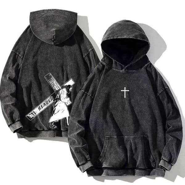 Men's Vintage Cotton Washed Hoodie The Cross of Jesus Print Hip Hop Hooded Sweatshirt Autumn Harajuku Loose Casual Pullover 26L0608