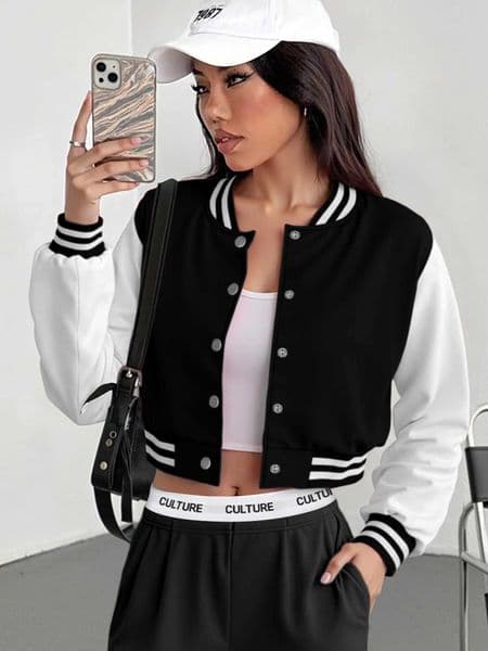 Vintage 90s Inspired Cropped Baseball Jacket Womens Casual Varsity Coat Color Block Button Up Streetwearm Z260608