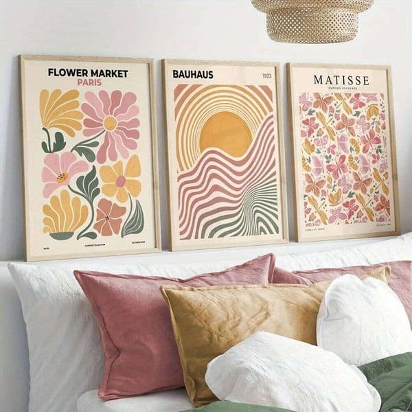 3pcs Frameless Bohemian Canvas Wall Art,Abstract Flowers and Bauhaus Aesthetics,Retro Style Posters,Bedroom,Living Room Decor 26L0608