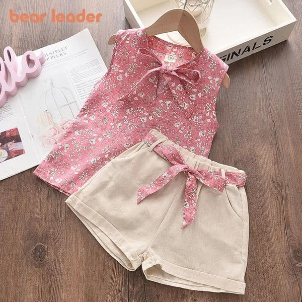 Bear Leader Toddler Baby Girl Floral Blue Blouse T-shirt Pants Summer 2PCS Suit Infant Girl Clothes 2-6 Years Girls Outfits 260608