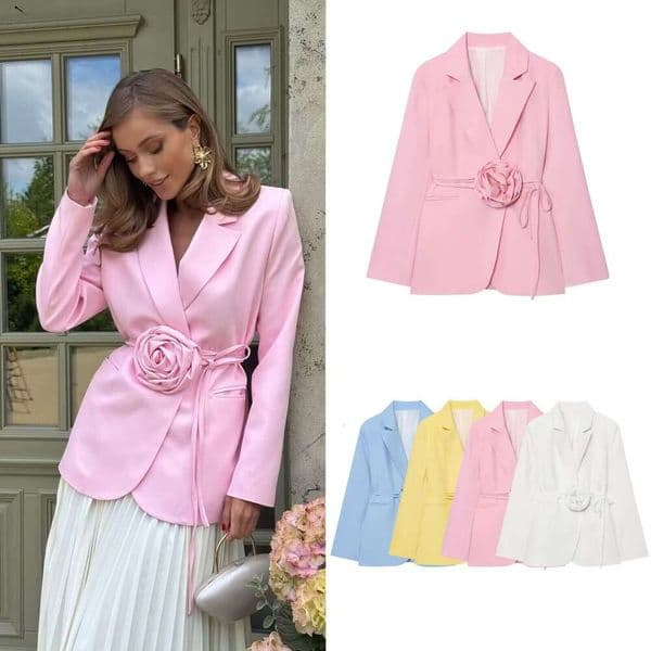 Women's Clothing Autumn New Elegant Commuter Loose-Fitting Lace-Up Three-Dimensional Floral Blazer