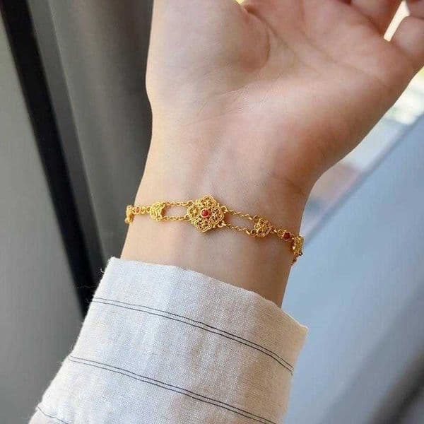Classic hollow out palace style flower s for women inlay south red round beads chain bangles Hanfu qipao jewelry Q260608