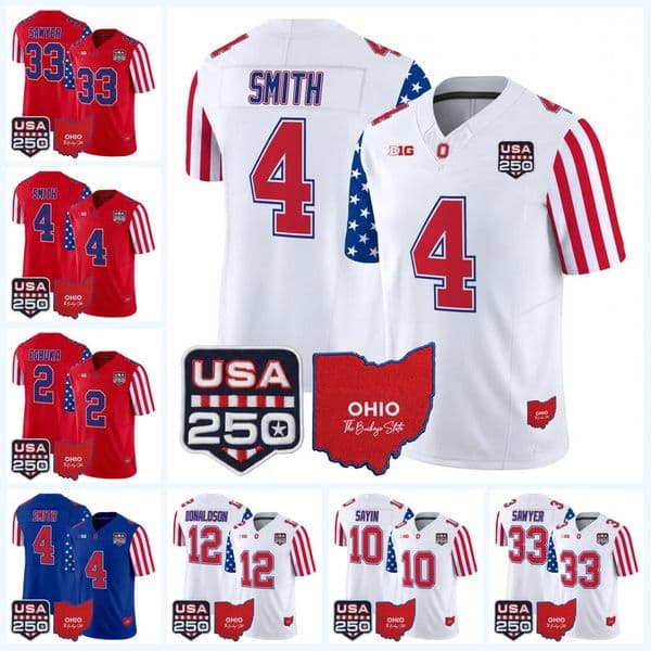 Ohio States Buckeyes 2026 America 250 Edition Football Jersey Jeremiah Smith Jack Sawyer Will Howard Caleb Downs Will Howard Treveyon Henderson