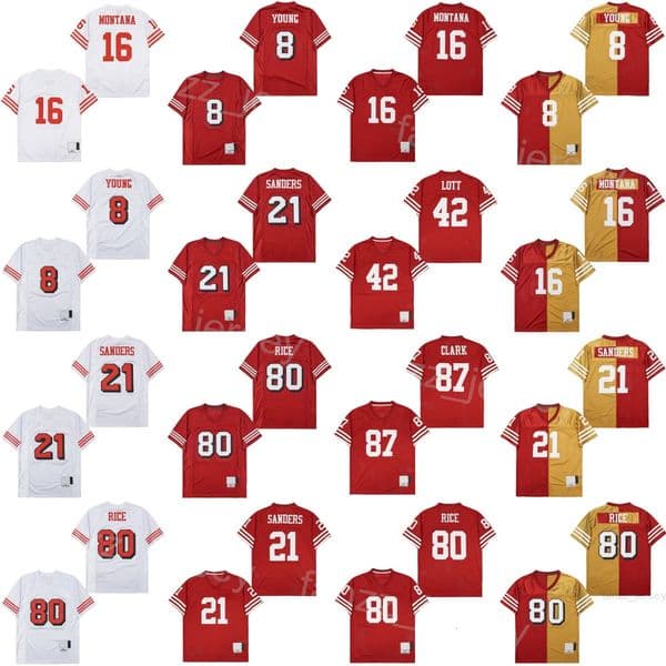 1989 1990 1994 Retro Football 21 Deion Sanders Jerseys Vintage 80 Jerry Rice 8 Steve Young 16 Joe Montana 87 Dwight Clark 42 Ronnie Lott Throwback Stitched Red White