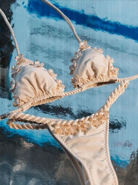 Women's Swimwear Sexy 3D Flower Bikini Braid Swimsuit Women Shirring High Leg Two Piece Bathing Suit Beachwear Halter Biquini