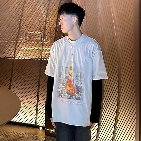 High quality designer clothing Paris mens T-shirt with Eiffel Tower digital print short-sleeved shirt trendy brand B-brand short-sleeved T-shirt pure cotton