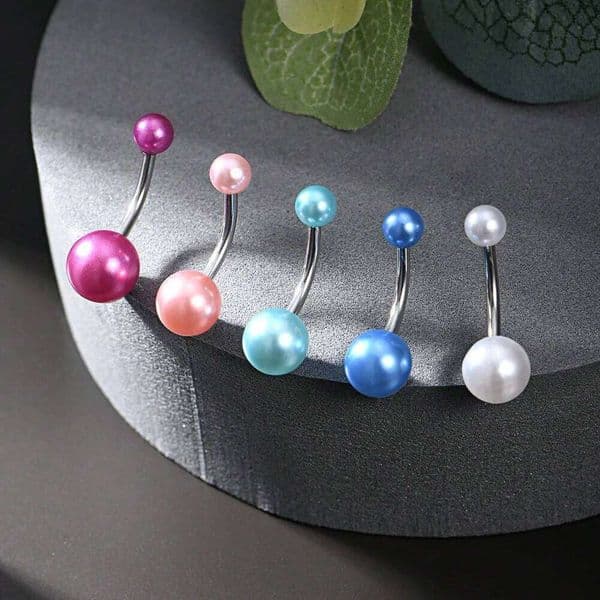14G Stainless Steel Fake Ring Faux Pearl Piercing Belly Button Ring, Colorful Navel Rings