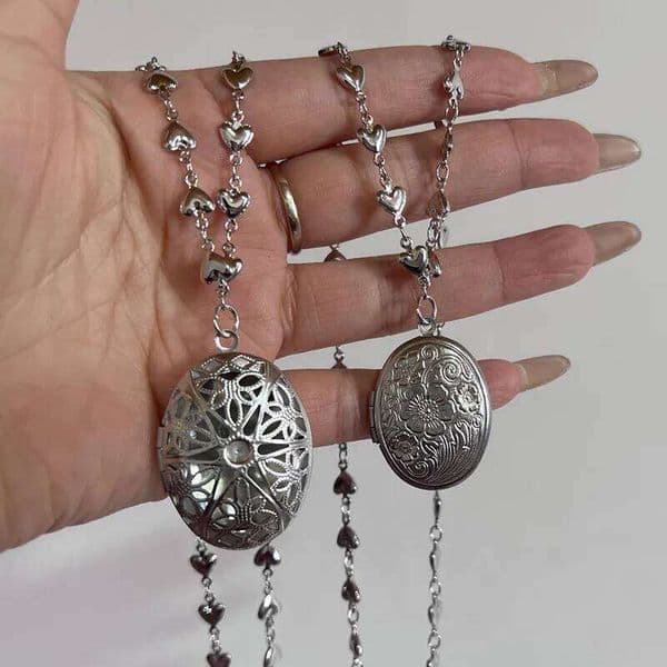 Floral Oval Heart Locket Pendant Necklaces for Women,Stainless Steel Photo Frame Promise Love Keepsake Gift