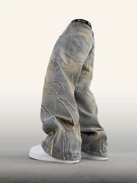 American Fashion Patch Baggy Casual Jeans For Men And Women Y2K High Street Harajuku High Waist Wide Leg Denim Trousers 260605