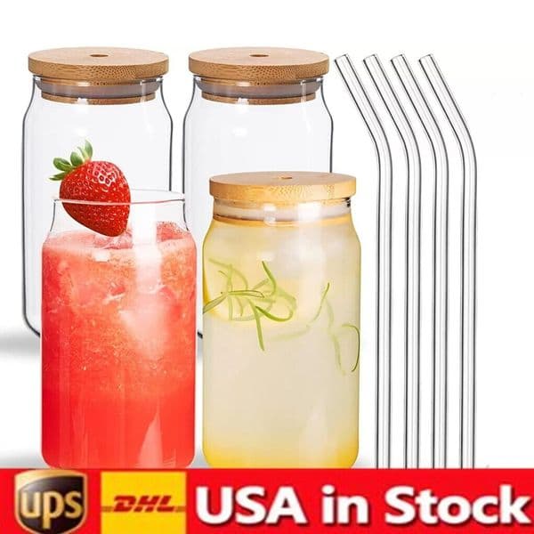 2026 US CA Warehouse Water Bottles Sublimation 12Oz perfume 16Oz Glass Tumbler Cups Can Glasses Bamboo Lid Reusable Straw Mug Beer Transparent Frosted cologne S 21