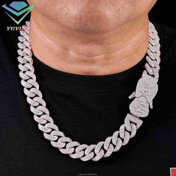 Heavy Solid 925 Sterling Silver Cuban Link Chain for Mens 18mm-20mm VVS Moissanite Diamonds Raise Diamond Design Hiphop Necklace