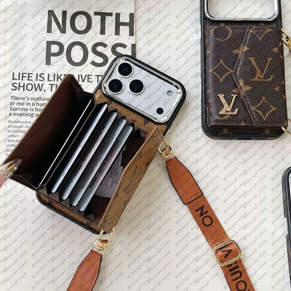 Designer phone cases for iPhone17 16 15 14 13 Pro Max 15 Plus and Samsung S24 Ultra S23 S22, featuring a crossbody wallet or card holder design with a chain shoulder strap