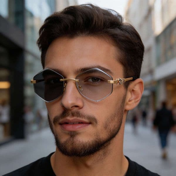 2026 New European American Fashion Polygonal Frameless Sunglasses For Men With Diamond Cut Edges And Leopard Head Metal Temples