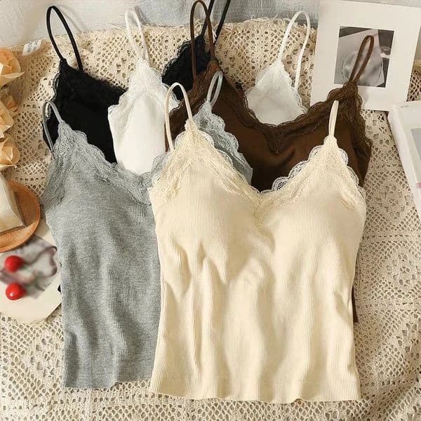 Women Sleeveless Tank Tops Solid Color Korean Version V Neck Slim Fashion Lace Stitching With Chest Pad Camisole 260603