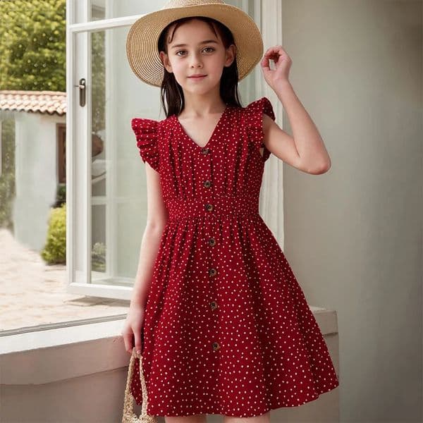 Kids Summer Girl 4-12 Years Old Red Sleeveless Flying Sleeve Polka Dot V-neck Waist Dress Simple Temperament Fashion Daily Style 260608