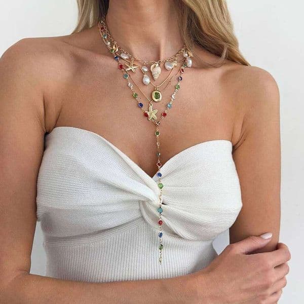 4Pcs/Set Boho Colorful Crystal Y-shape Necklace for Women Summer Shell Starfish Conch Stacking Necklaces Y2K Party Jewelry
