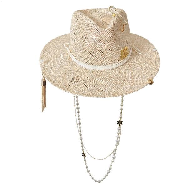 Metal letter beige straw hat handmade n pearl chain summer sun beach women gorras para hombres 260608