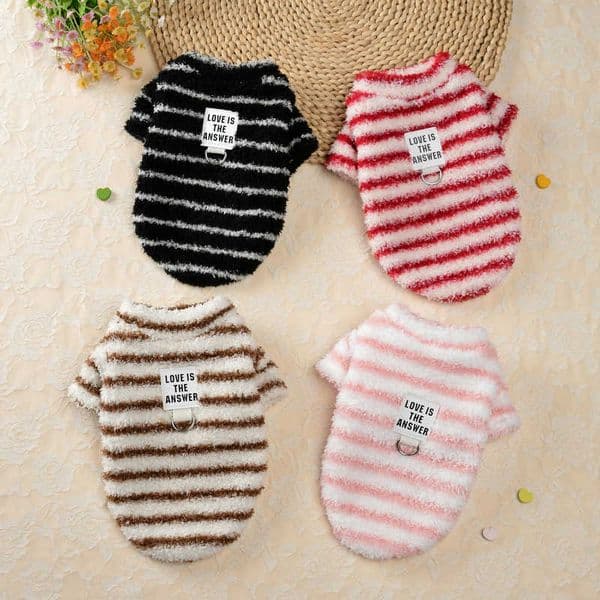 2025 New Pet Clothes Autumn Winter Small Dog Clothes Leash Plush Striped Clothes Cat Clothes L260608