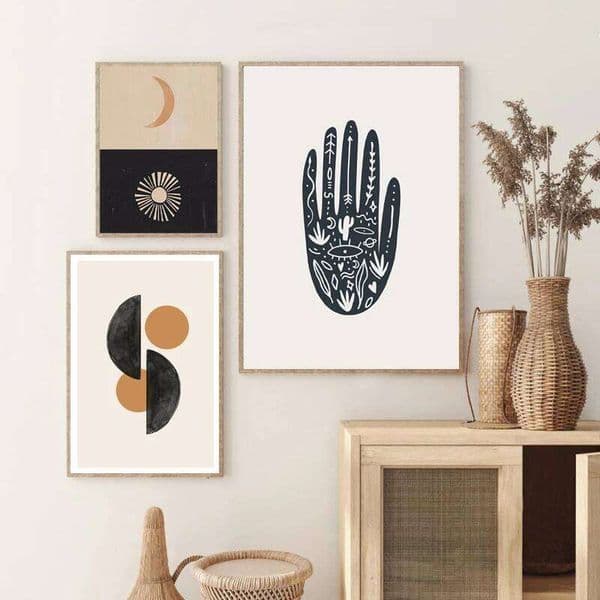 Abstract Geometric Shape Prints Sun Moon Hand Poster Boho Modern Mid Century Wall Art Picture Canvas Painting Living Room Decor 26L0608