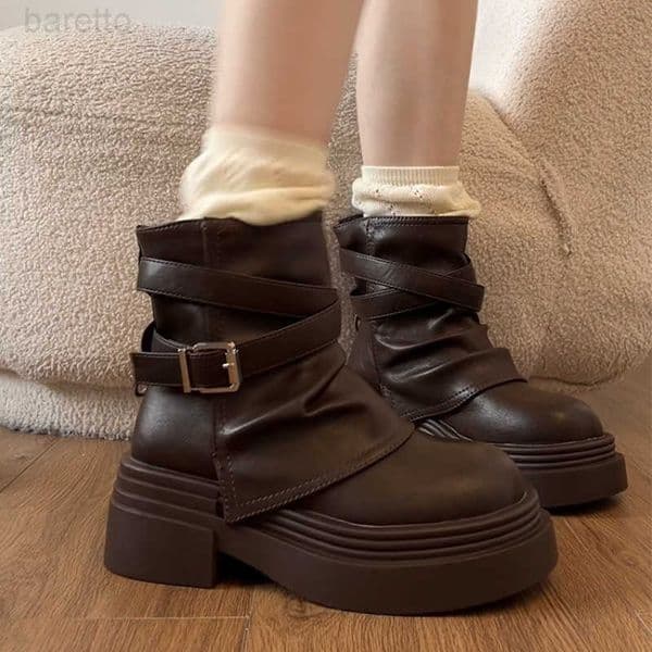 Women Vintage Increase Platform Height Ankle Boots Fashion Belt Buckle Thick Sole Shoes Autumn Winter Ladies Modern Short BotasR260608