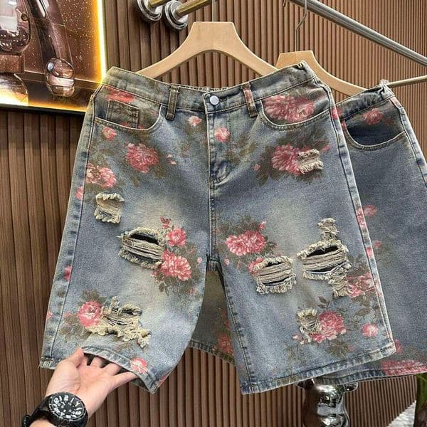 American Retro Floral Print Ripped Denim For Men, Summer Trendy Brand, Stylish And Casual, Loose Straight-Leg Knee-Length Shorts