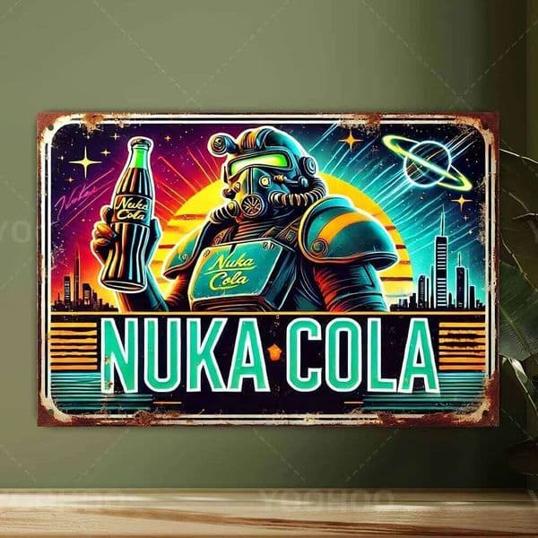 Retro Nuka Cola Wall Art Aluminum Sign with Futuristic Robot Pre-Drilled for Game Rooms & Themed Bars - Gaming Decor 26L0608