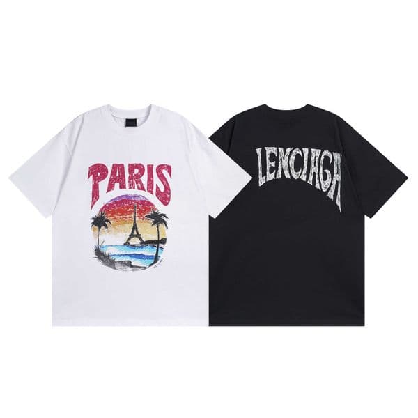 High quality designer clothing Paris High Version B Brand Spring Summer New Hawaiian Sunset Coconut Tree Eiffel Tower Pattern Printed Short Sleeve T-Shirt