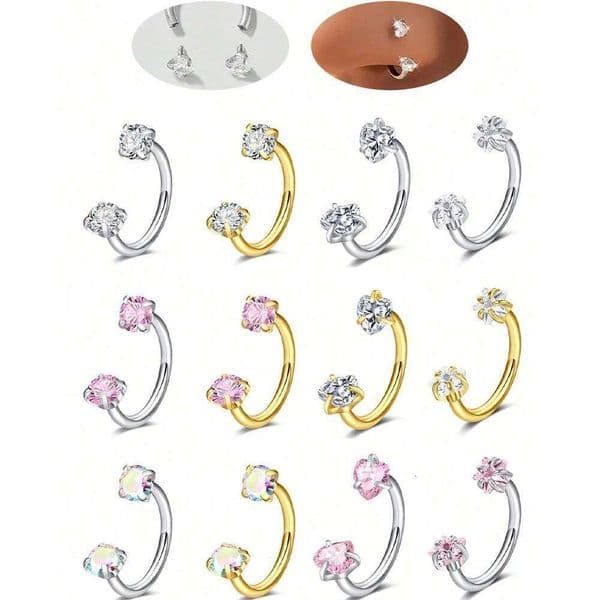 2PCS Stainless Steel Zirconia Horseshoe Ring Nose Ear Belly Rings Women Cartilage Helix Earrings Daith Piercing Jewelry