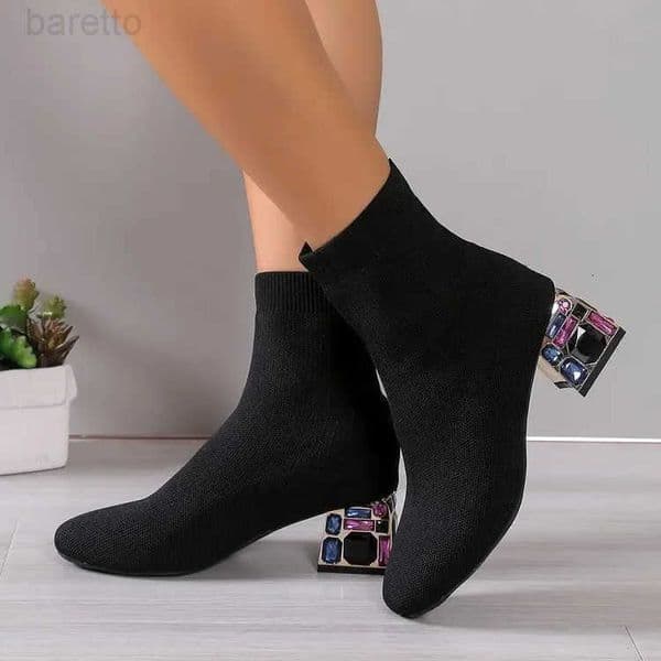 Heels Women Hot Sale High Short Boots 2023 Winter Designer Square Toe Mesh Breathable Stretch Sock Boots Slip on Platform ShoesR260608