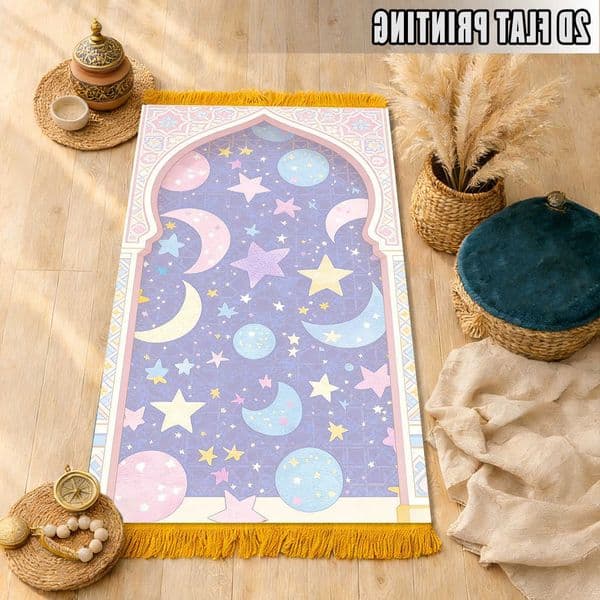 Purple VIKAMA Cartoon Mosque Print Foldable Prayer Mat Portable Travel Washable Islamic Rug for Worship Eid Gift Celebration D260608