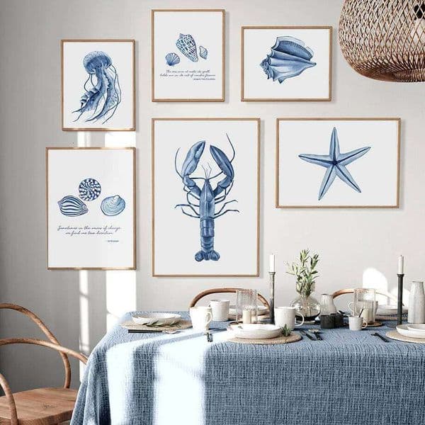 Watercolor Blue Coastal Sea Creatures Posters Prints Octopus Conch Jellyfish Wall Art Canvas Painting Kids Room Home Decor 26L0608