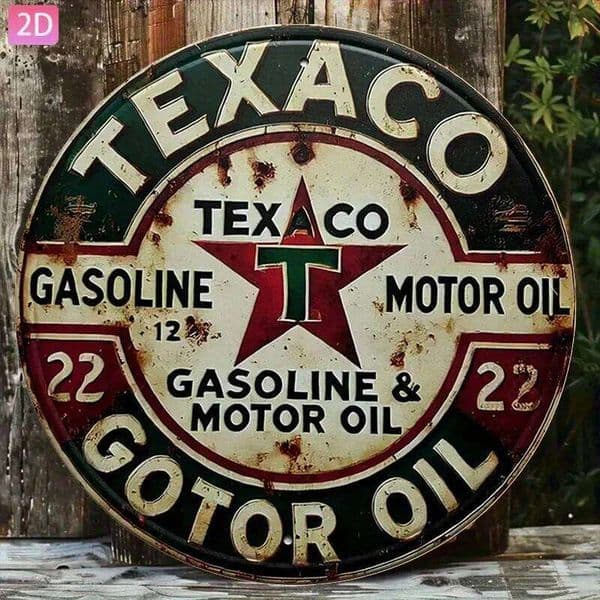 Vintage Texaco Motor Oil Metal Sign in 2D Flat Design - 20.32X30.48 Cm Round Aluminum Wall Art with a Classic Red And 26Y0608
