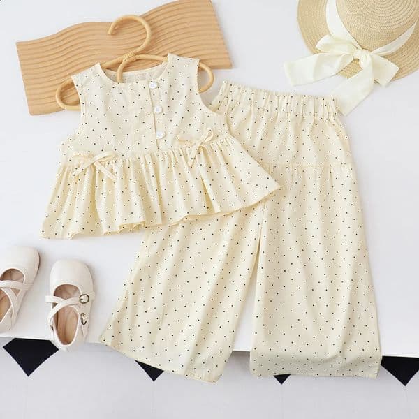Bear Leader Baby Girls Casual Clothing Round Neck Sleeveless Polka Dot TopWide Leg Pants Set with Bow and Botton 2PCS Set 260608
