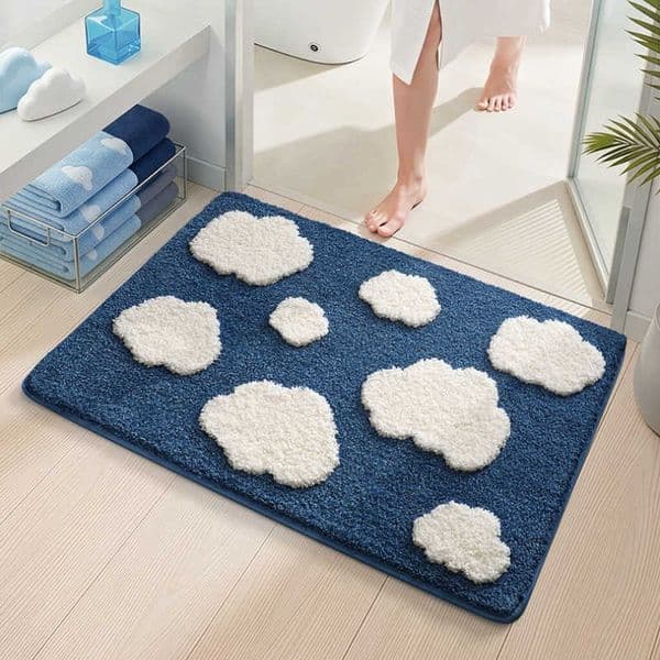 Sky Blue Cloud Bathroom Rug Extra Thick Flocked Bath Mat Absorb Water Strong Anti-Slip Backing Decor Floor Mat for Bathroom D260608