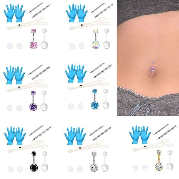 9pcs Kit Stainless 14G Button Rings Needles Disposable Piercing Clamps Set Navel Belly