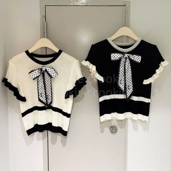 designer womens wave point bowknot top black and white contrast knit top petal sleeve sweet style casual girl round neck tshirt